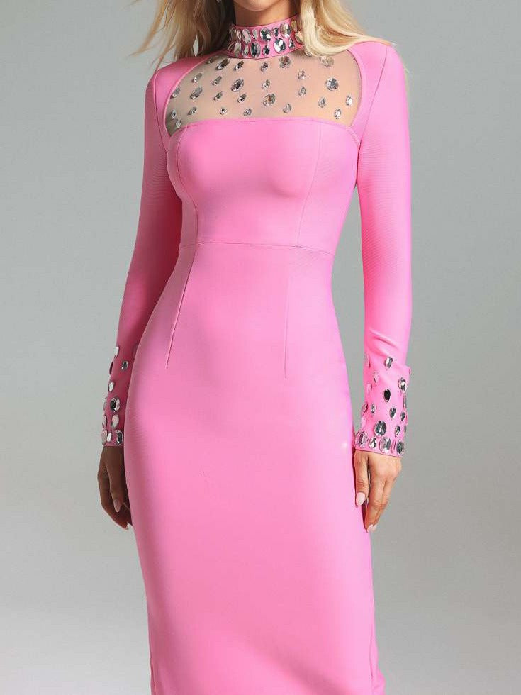 2025 Valentine Day Edition - long sleeved slit dress with mesh belt diamond round neck