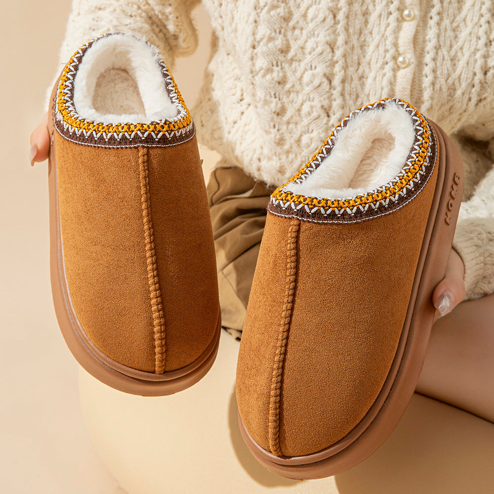 New solid color imitation suede stitching home slippers thick bottom non-slip lightweight warm cotton slippers for women