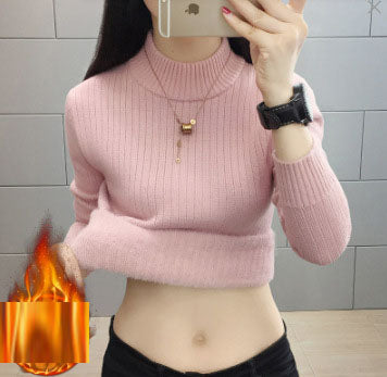 Thickened semi high neck sweater for women's autumn and winter new style with added velvet insulation and solid color versatile base knit sweater