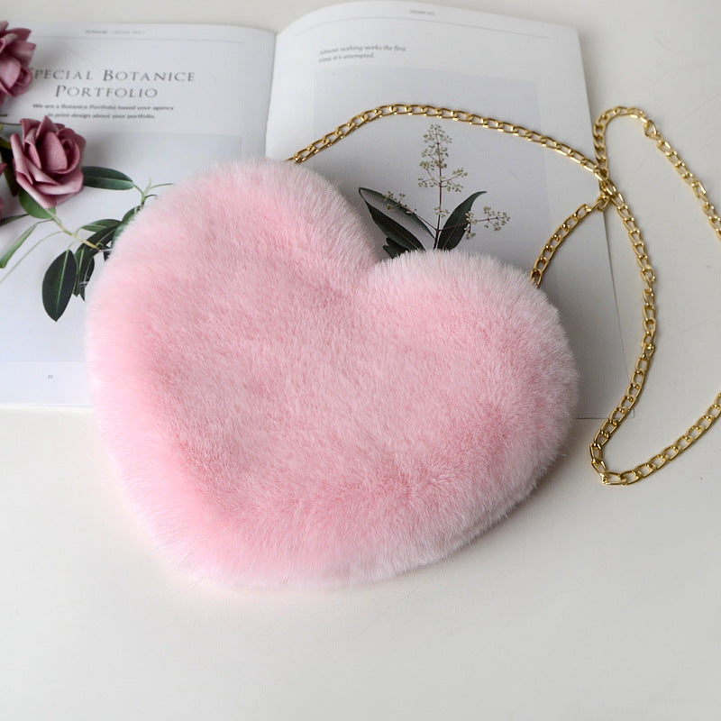 Fashion love heart bag peach heart bag women's chain messenger bag plush shoulder furry bag coin purse