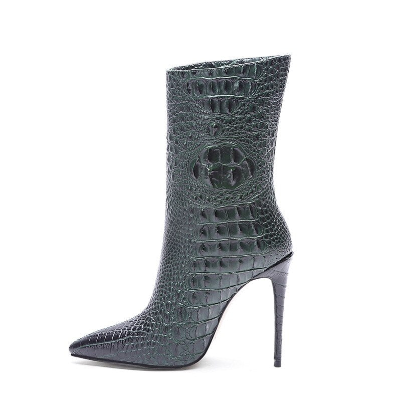 Croc pattern High Heel Short Boots. Ankle Boots.