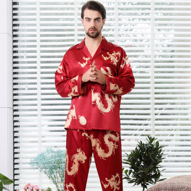 Simulated silk couple sleepwear new long sleeved set men's and women's V-neck silk printed dragon and phoenix home clothes