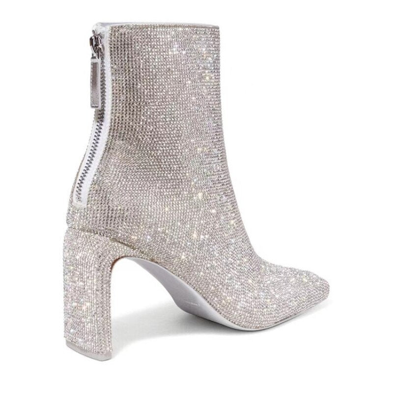 Rhinestone High Heel Zippered Short Boots in 2 colors