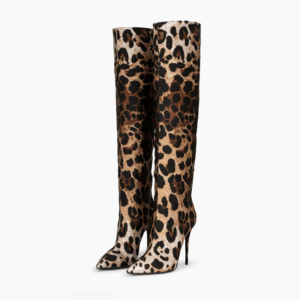 Pointed thin heel leopard print long boots for women's fashionable