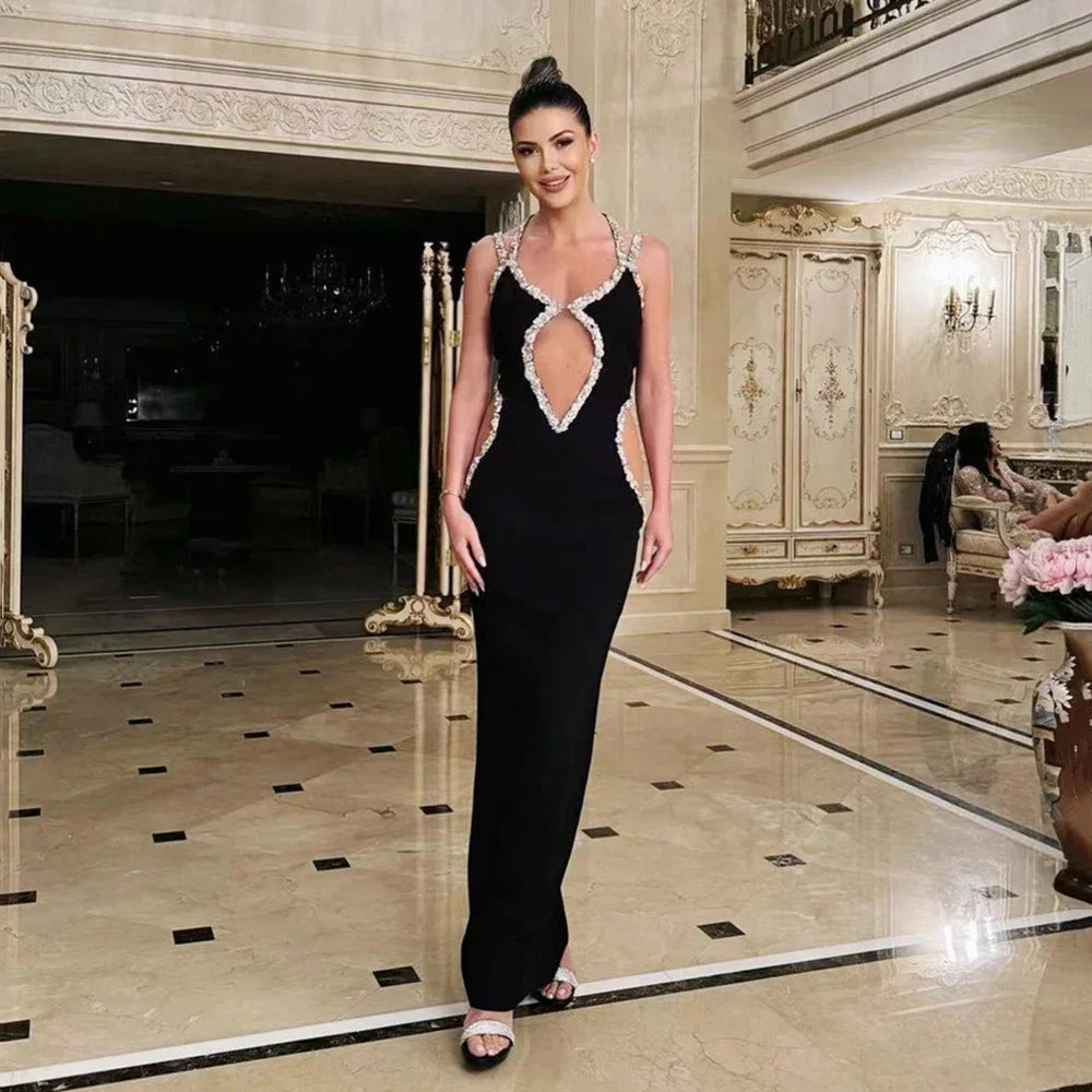 New Women's Black Sexy V-neck Sleeveless Luxury Diamond Tight Long Bandage Dress Elegant Ball Evening Dress