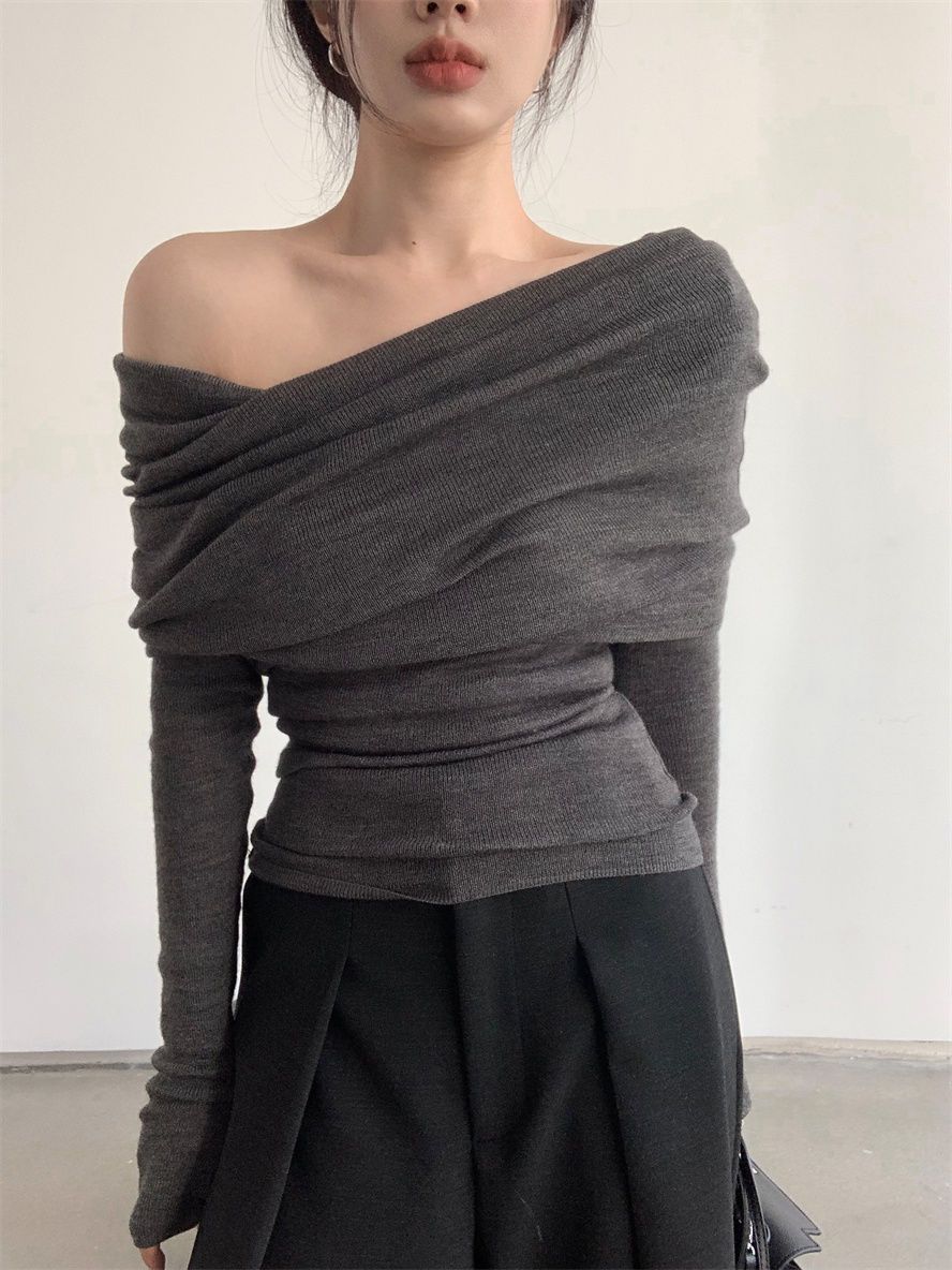 Off shoulder collarbone long sleeved one shoulder knitted sweater women's one neck base shirt outerwear