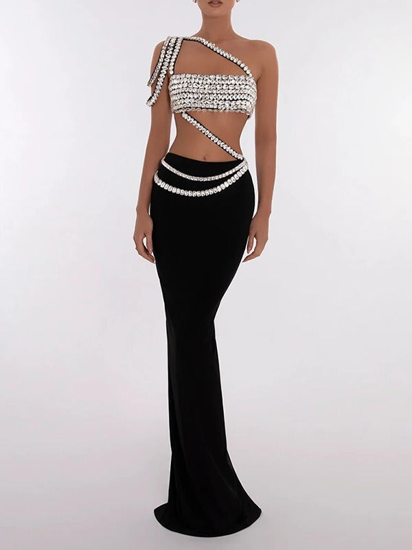 European and American style sexy suit, fashion heavy industry diamond-encrusted slanted shoulder tube top + long hip-covering skirt for women