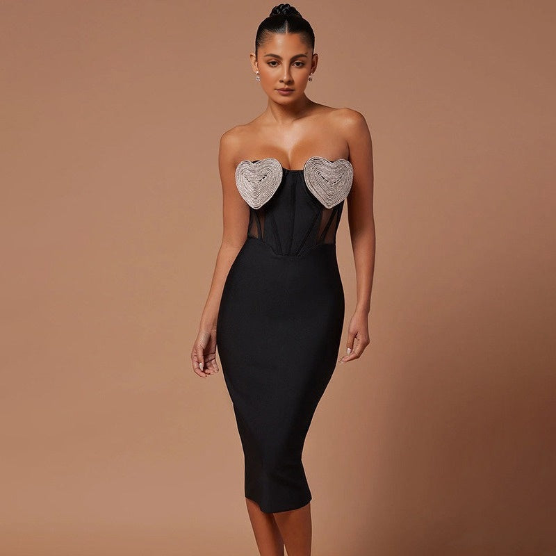 Sexy Peach Heart Chest Diamond Dew Backpack Hip Skirt Bandage Dress Party Dress