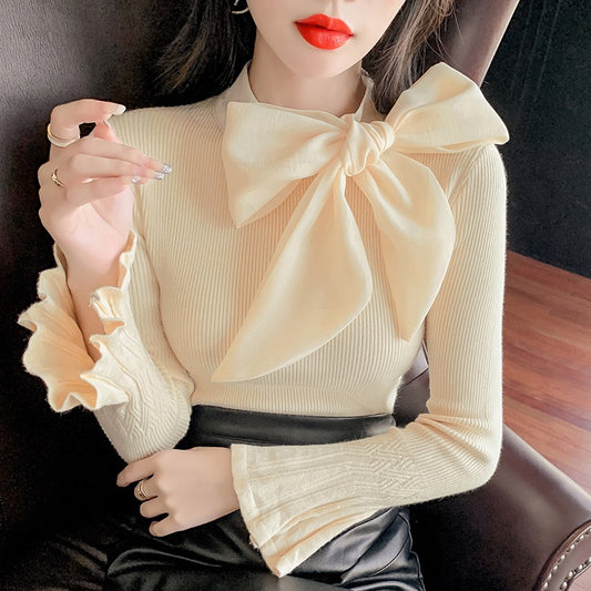 Socialite small fragrant style lace-up large bow decorated sweater for women with intellectual temperament and elegant bell-slee