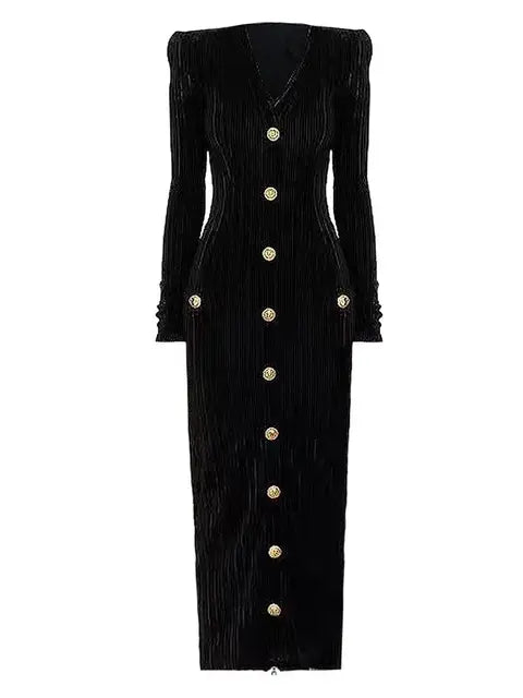 New Fashion Temperament Socialite Style Velvet Long Sleeve Slim V-neck Button Dress Back Zipper Skirt