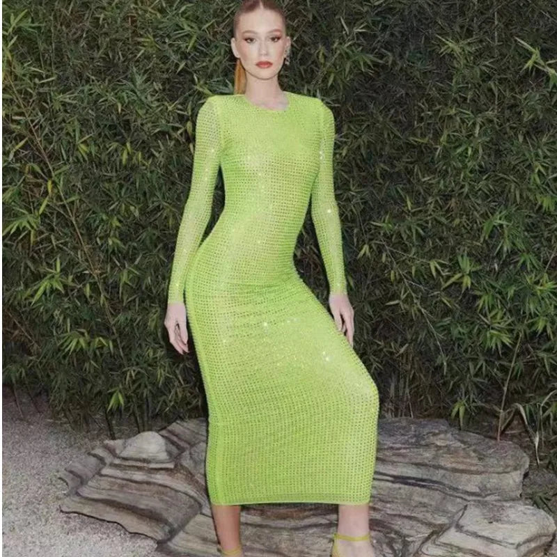 New Arrival Long Sleeve Diamond Mesh See Through Sexy Bodycon Long Dress Celebrity Nightclub Party Dress Vestido