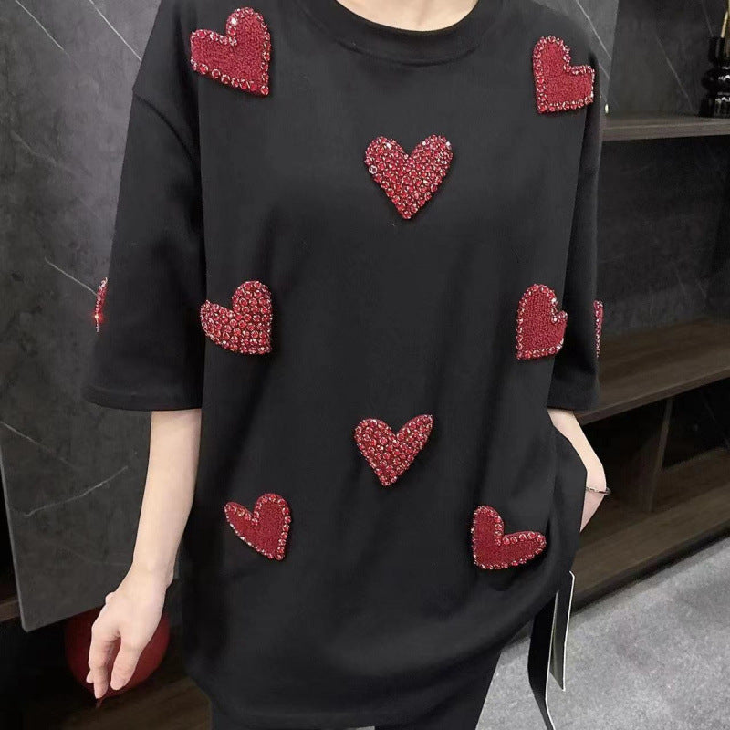 European goods heavy industry velvet inlaid diamond heart short sleeved T-shirt women's creative design base shirt top