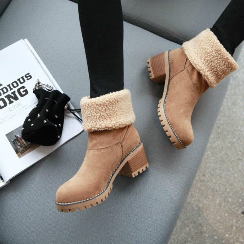 New Women Boots Winter Outdoor Keep Warm Fur Boots Waterproof Women's Snow Boots Thick Heel With Round Head Short Boot