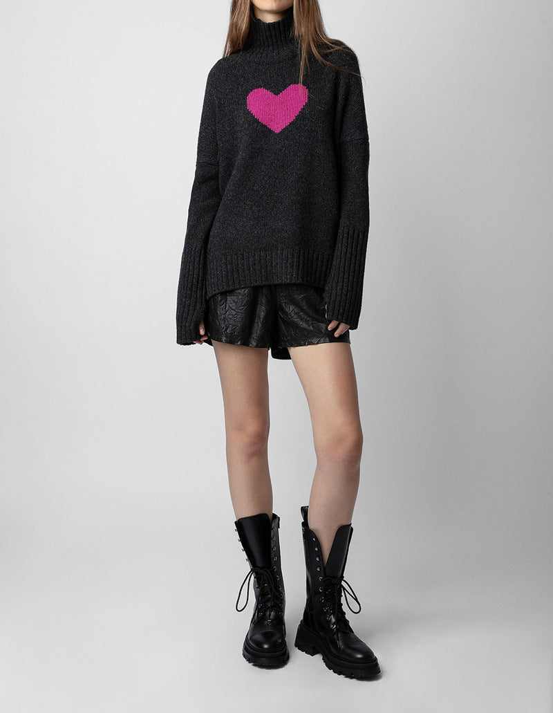 Small niche high neck front short back long heart knitted sweater