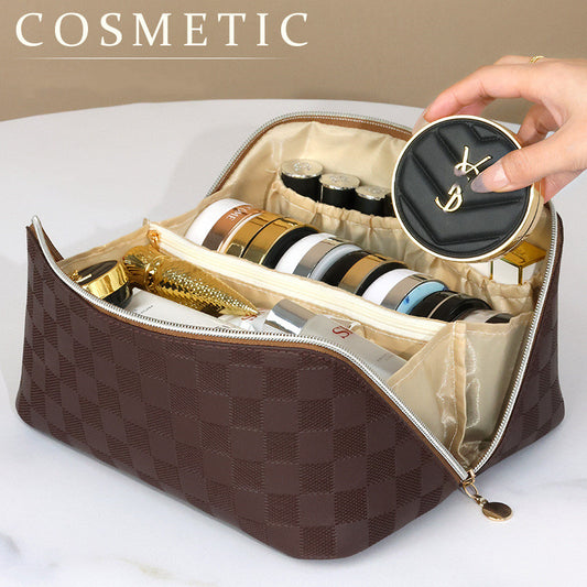 PU leather travel wash bag storage bag wholesale high beauty checkerboard makeup bag super large capacity portable pillow bag