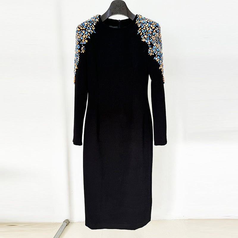 nail bead studded diamond long sleeved mid length dress