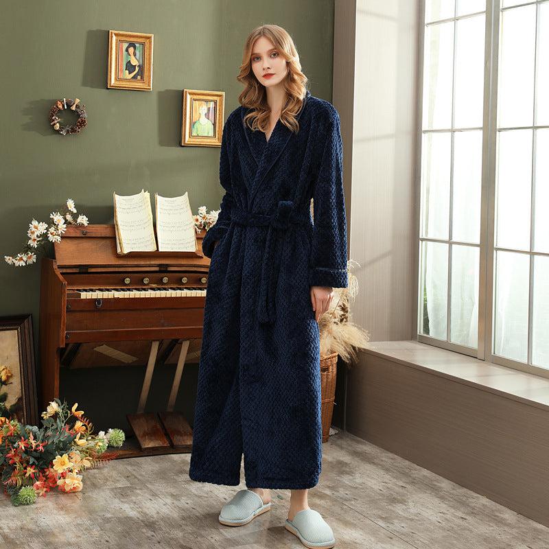 Autumn and winter extended thick couple bathrobe flannel waist cinched nightgown women's long sleepwear men's home clothes