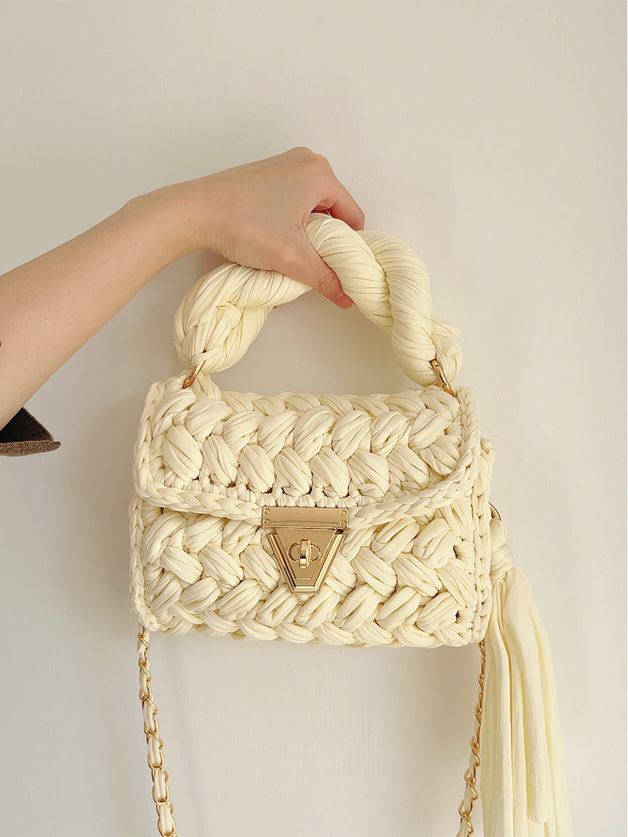 Hand woven bag crochet bag shoulder bag women's Fried Dough Twists portable tassel bag