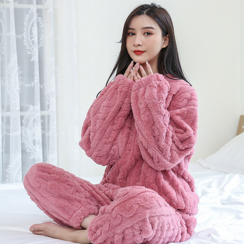 Coral velvet pajamas women's jacquard warm suit autumn and winter thickened plus velvet long sleeves with cuffs