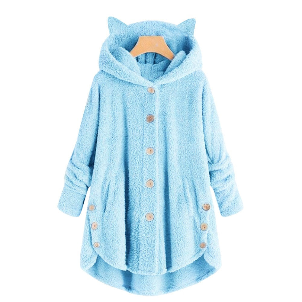 Autumn And Winter Button Hooded Cat Ear Plush Coat Irregular Fashion Brand Solid Color Coat Women