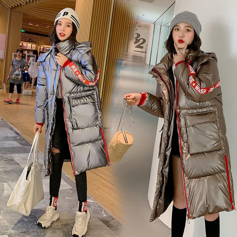 Fashion Metal Golden Silver Bright Hooded Jacket Coat Women's Winter Warm Cotton Padded Long Parkas New Bomber Streetwear Parka