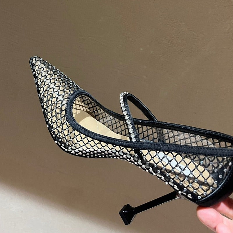 New Pointed Super High Heels Water Diamond Mesh