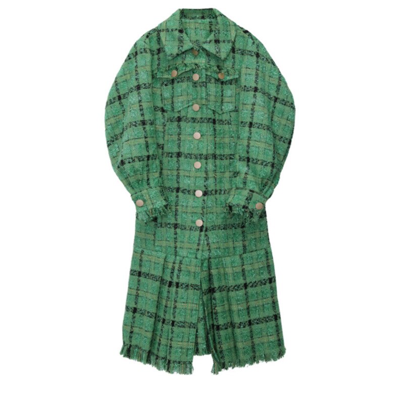 Loose Fit Green Plaid Pleated Elegant Woolen Coat Parkas New Long Sleeve Women Fashion Autumn Winter