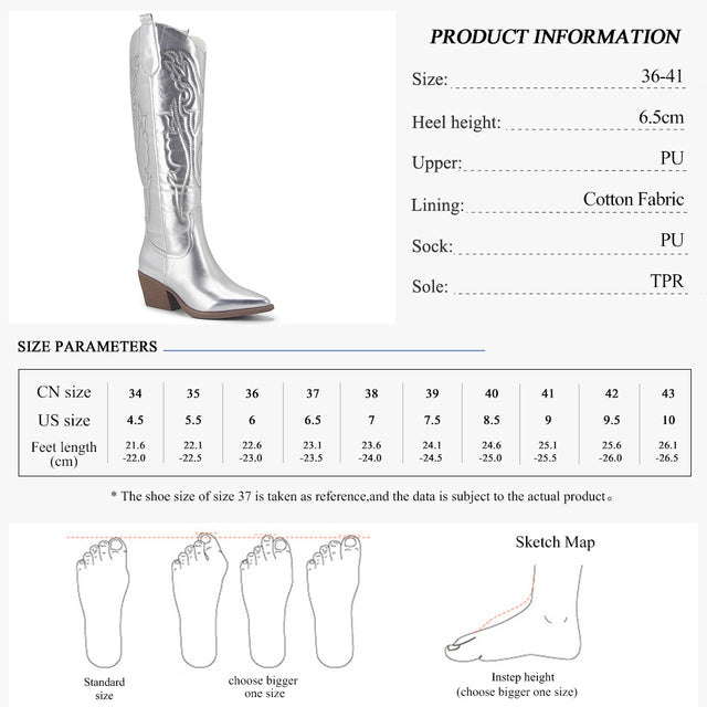 Women 's Embroidered Western CowBoy Shoes Knee High Boots PU Chunky Heel Platform Boots Pointed Toe Punk Style