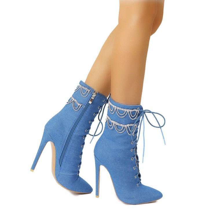 Rhinestone Chain Stiletto, Pointed Toe Women's Ankle Boots. Denim style.