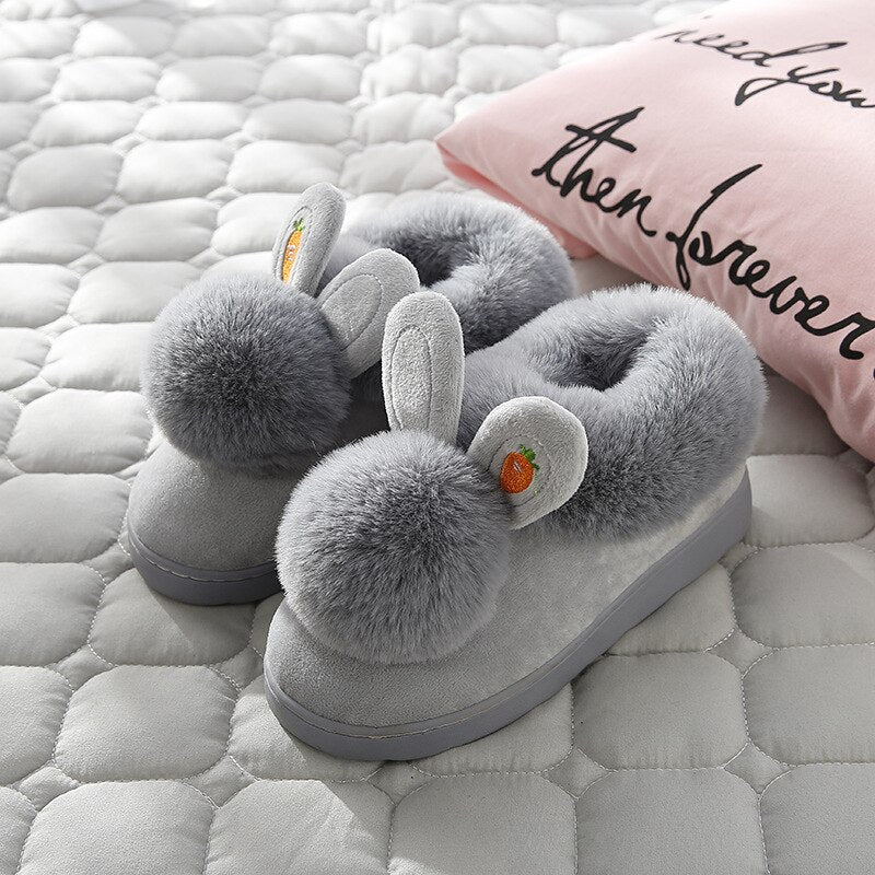 Winter Cotton Slippers Indoor Thick Bottom  Autumn Winter Warm Shoes Cute Lovely Rabbit Ear Plus Plush Slippers Shoes Women