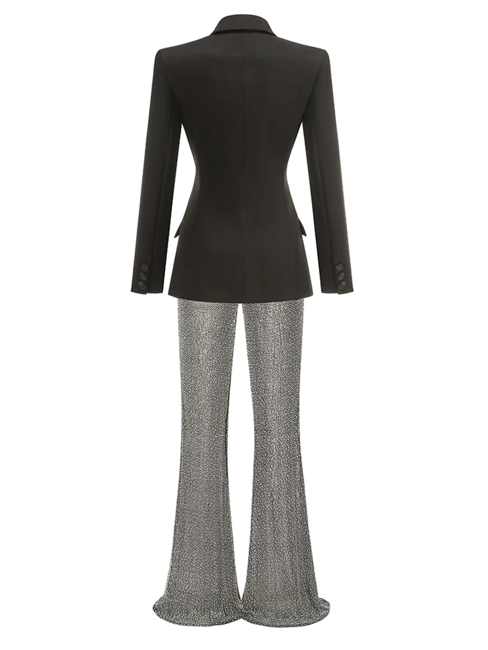 Black deep V-neck suit top+high waisted slim fit diamond pants