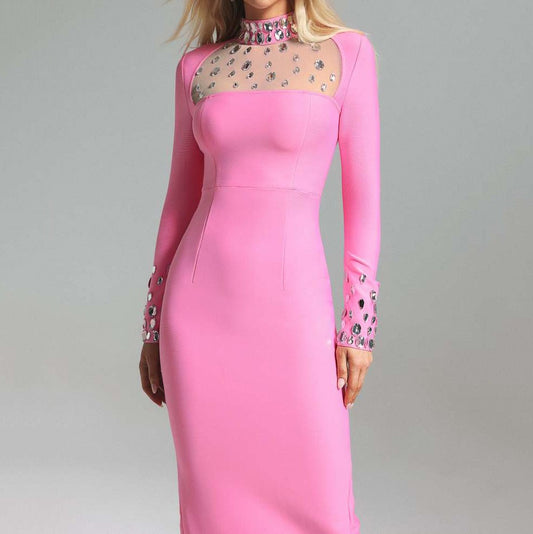 2025 Valentine Day Edition - long sleeved slit dress with mesh belt diamond round neck