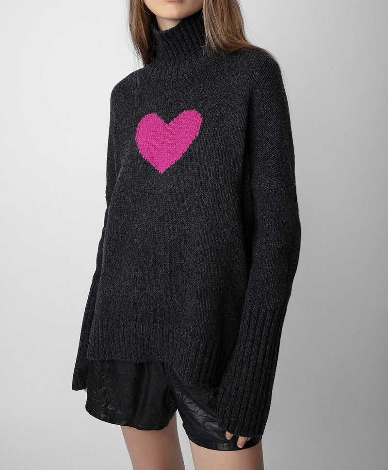 Small niche high neck front short back long heart knitted sweater