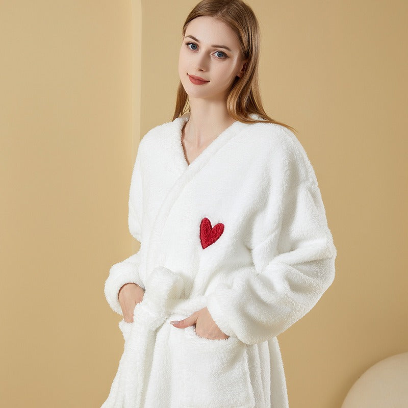 Home Bathrobe Female Winter Thickened Coral Velvet Bathrobe Sweet Love Warm Long Bathrobe