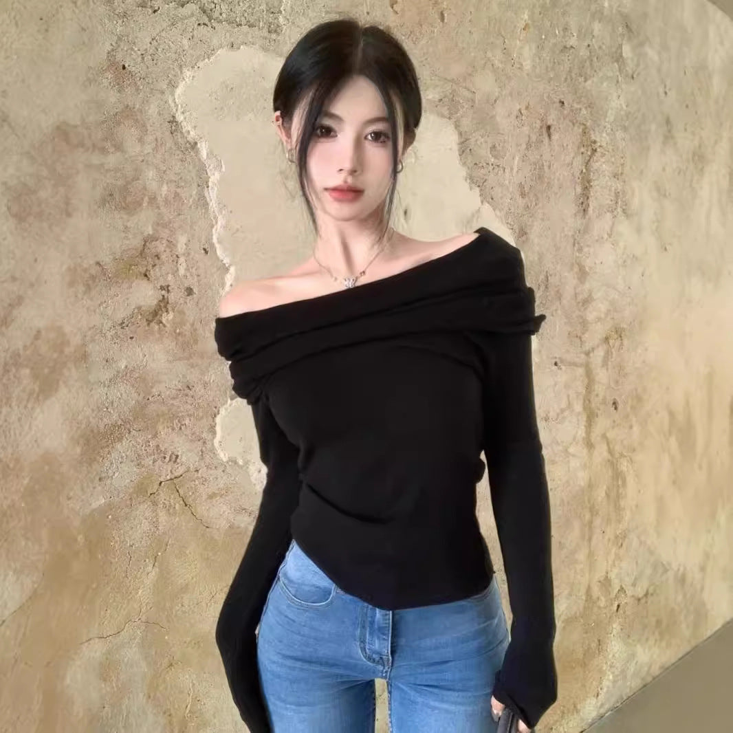 Off shoulder collarbone long sleeved one shoulder knitted sweater women's one neck base shirt outerwear