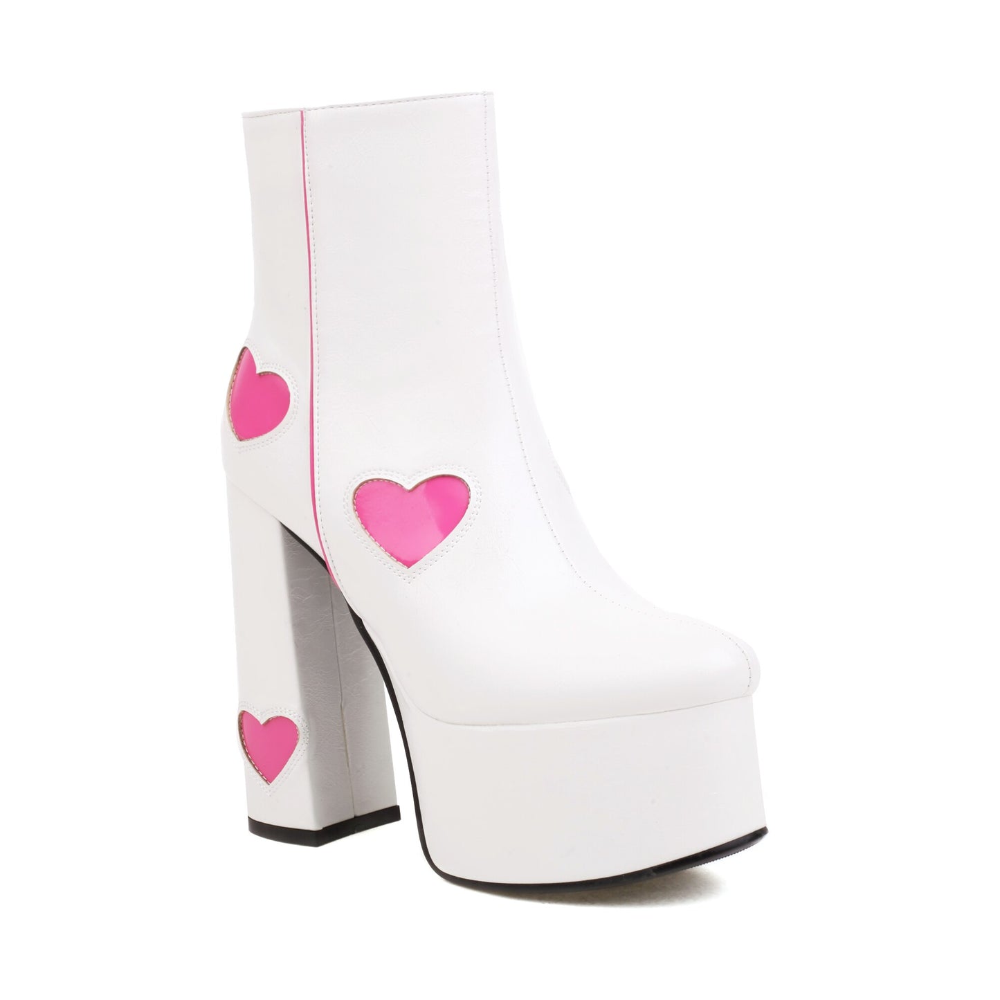 Sweetheart Patch Black and White Patent Leather Platform Boots Chunky Heel Women's Club Stage Booties