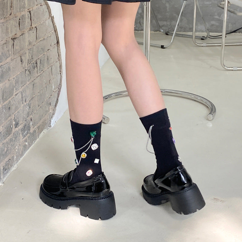 Summer and Spring European Luxury Love Diamond Black Chain Middle Tube Stacked Socks