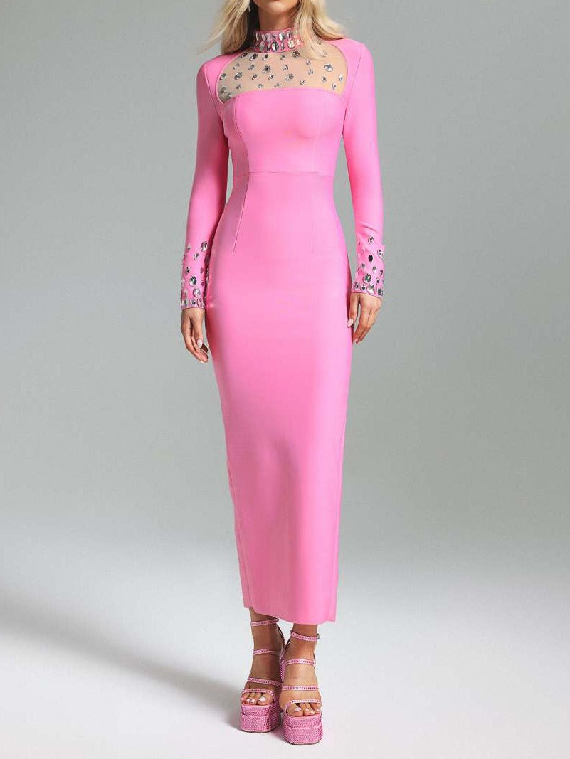 2025 Valentine Day Edition - long sleeved slit dress with mesh belt diamond round neck