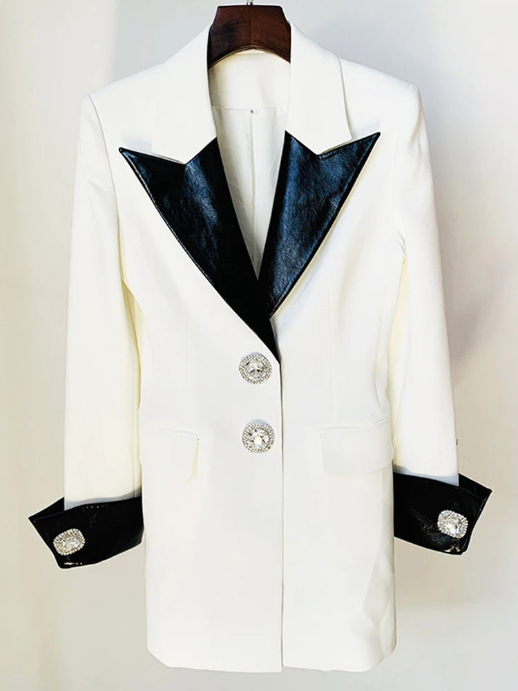 PU Leather Stitched Costume Diamond Button Full Sleeve Blazer