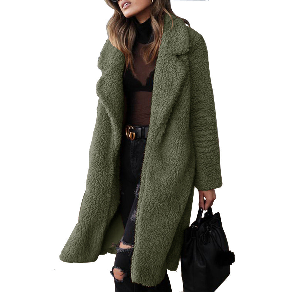 Long sleeve with lapel plush long coat. wool blend double-sided