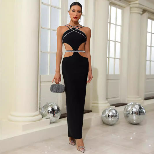 Bandage dress sexy hollow diamond side exposed waist