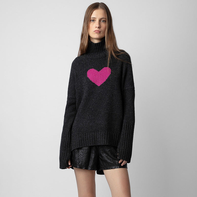 Small niche high neck front short back long heart knitted sweater