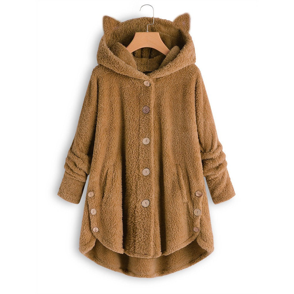 Autumn And Winter Button Hooded Cat Ear Plush Coat Irregular Fashion Brand Solid Color Coat Women