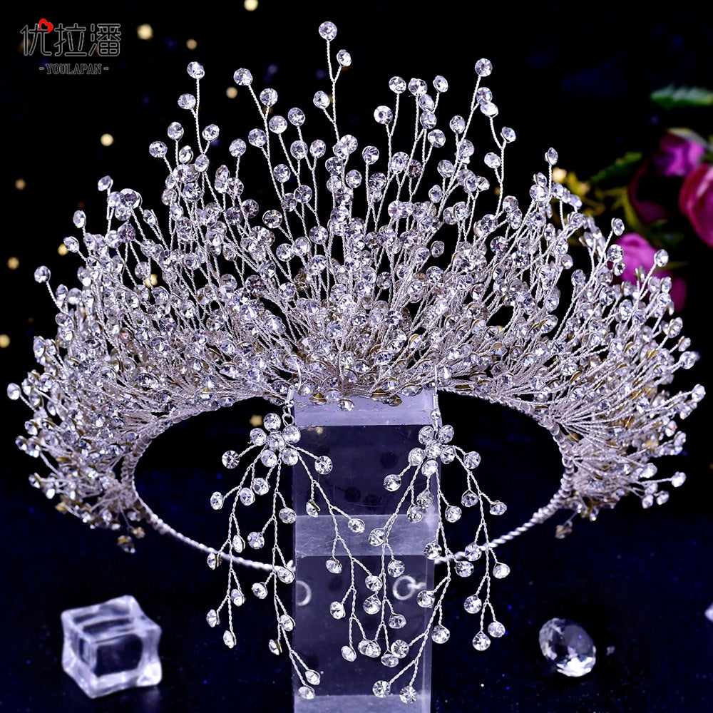 Bridal Headdress New Crown Set Ab Colored Diamond Necklace Earrings Three-Piece Set