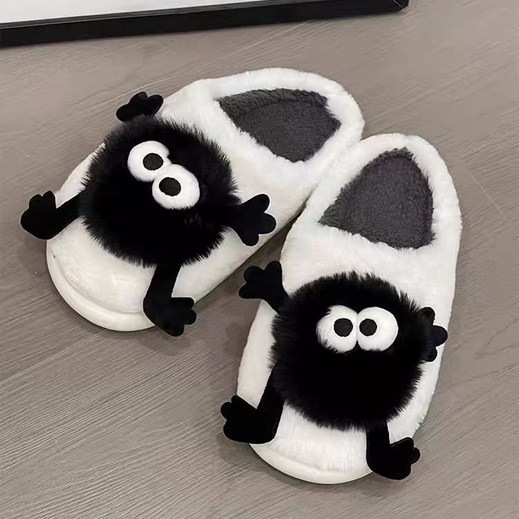 Cute fur slippers for women in winter, coal ball fur slippers for home use, men's plush warm cotton slippers for autumn and wint