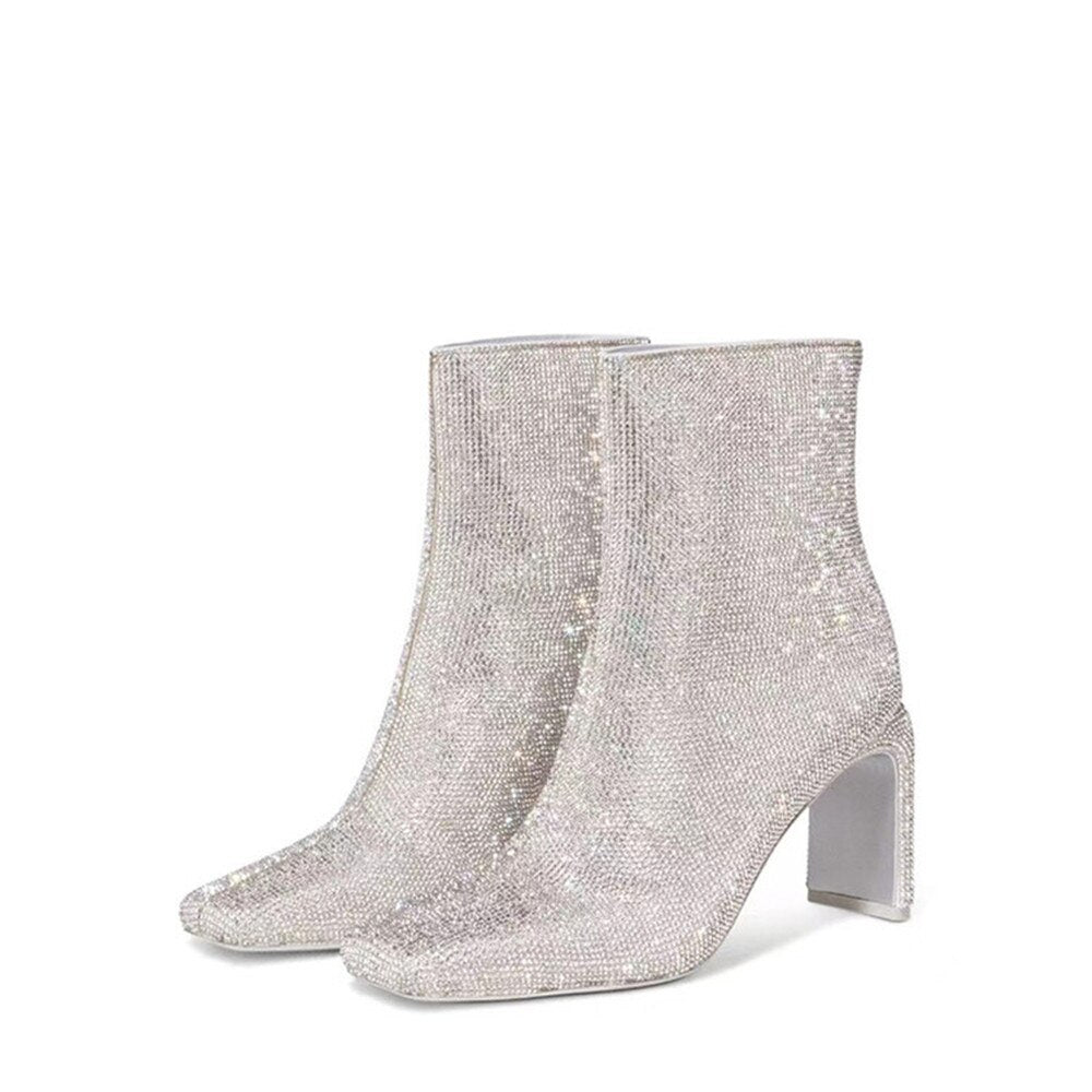 Rhinestone High Heel Zippered Short Boots in 2 colors