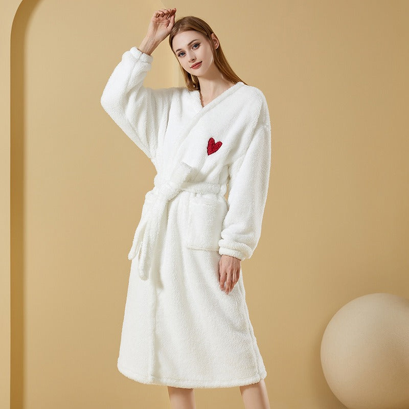 Home Bathrobe Female Winter Thickened Coral Velvet Bathrobe Sweet Love Warm Long Bathrobe