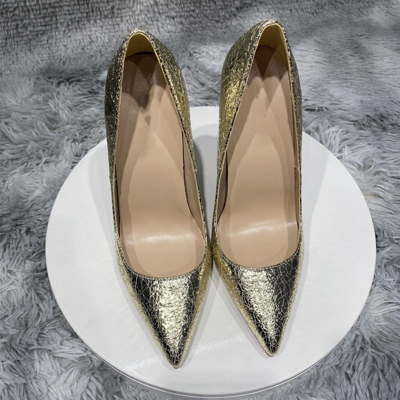 Gold Matte Crocodile Effect Women Pointy Toe High Heel Wedding Party Shoes 8-12cm Gorgeous Stiletto Pumps