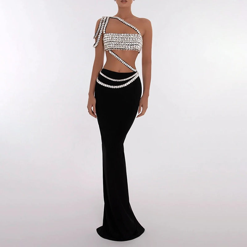 European and American style sexy suit, fashion heavy industry diamond-encrusted slanted shoulder tube top + long hip-covering skirt for women