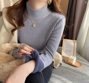 Thickened semi high neck sweater for women's autumn and winter new style with added velvet insulation and solid color versatile base knit sweater